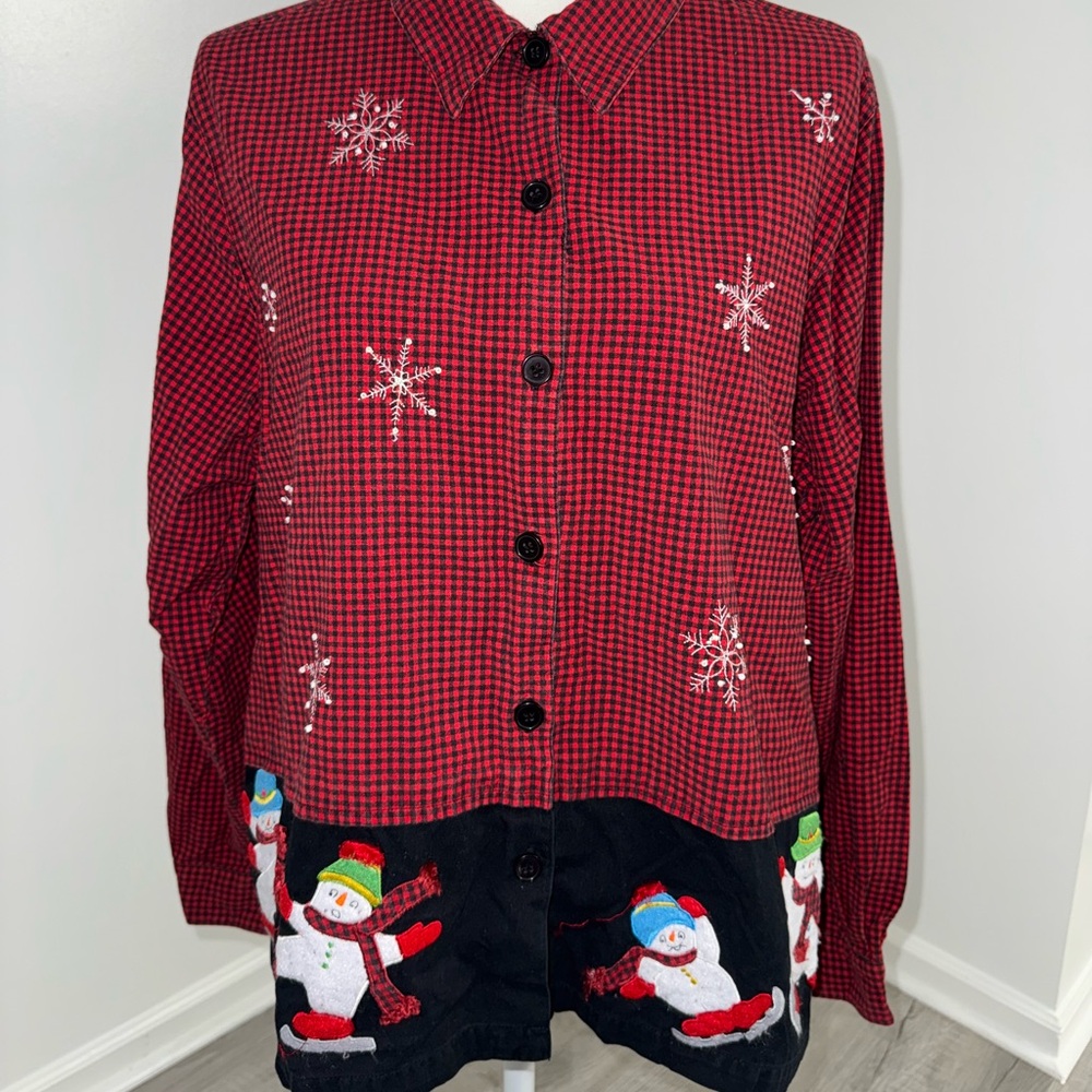 Lemon Grass Christmas Shirt XL Red Black‎ Check Snowman Embroidered Cotton